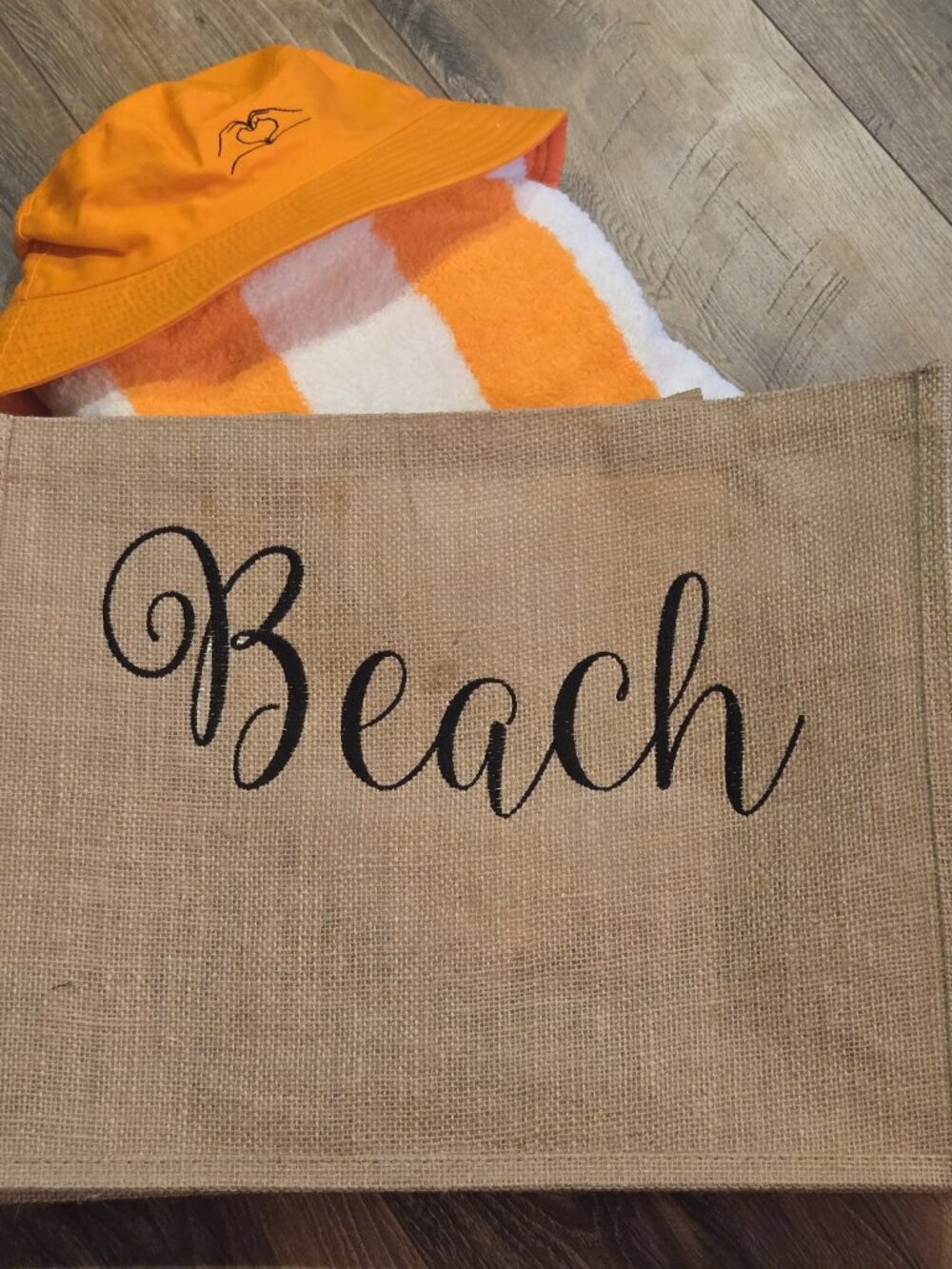 3 Piece Beach Vacation Set-Large burlap "Beach" Tote, Orange Bucket Hat & Towel
